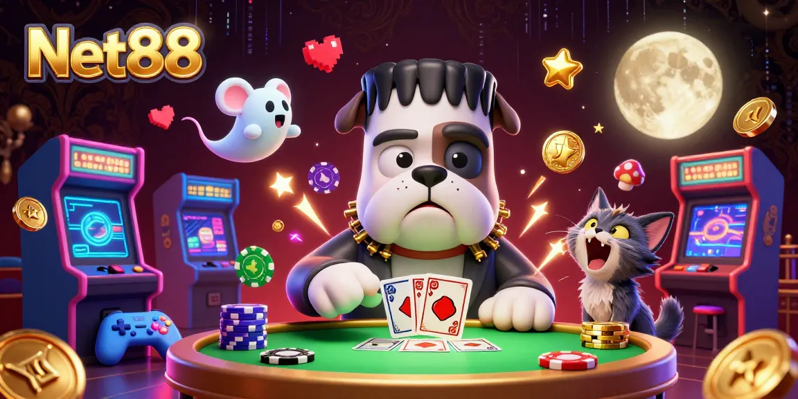 Engage in thrilling gameplay with Net88 as a 3D cartoon bulldog deals cards amidst bright casino elements.