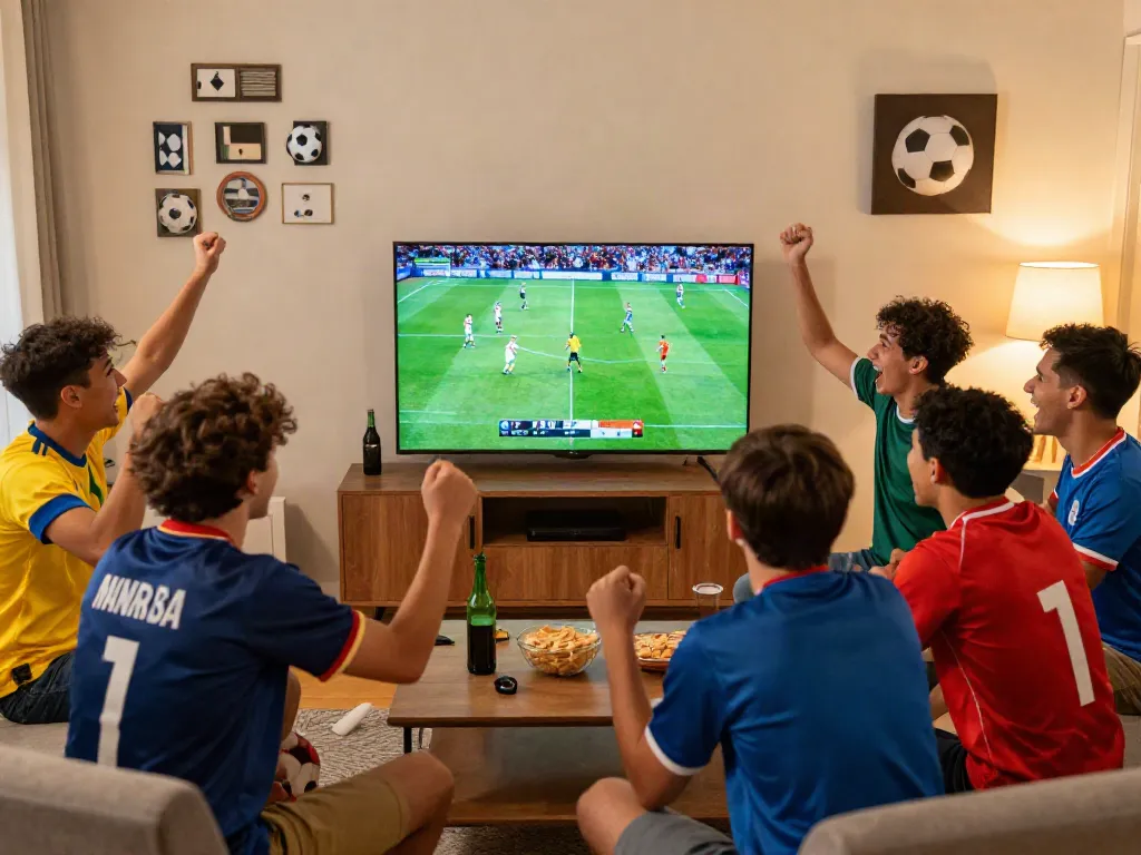 Socolive football fans celebrating during a live match viewing party with snacks and drinks.