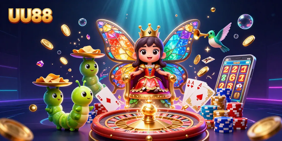 Experience UU88's vibrant casino world with a dazzling butterfly queen and colorful gaming elements.