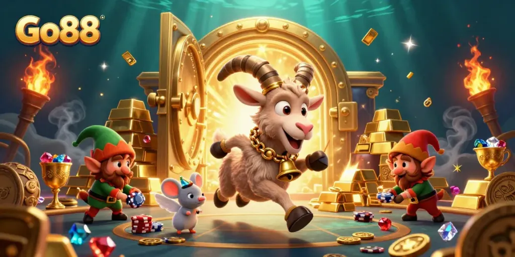 Experience Go88 with a Krampus goat and festive chaos in a vibrant casino illustration.