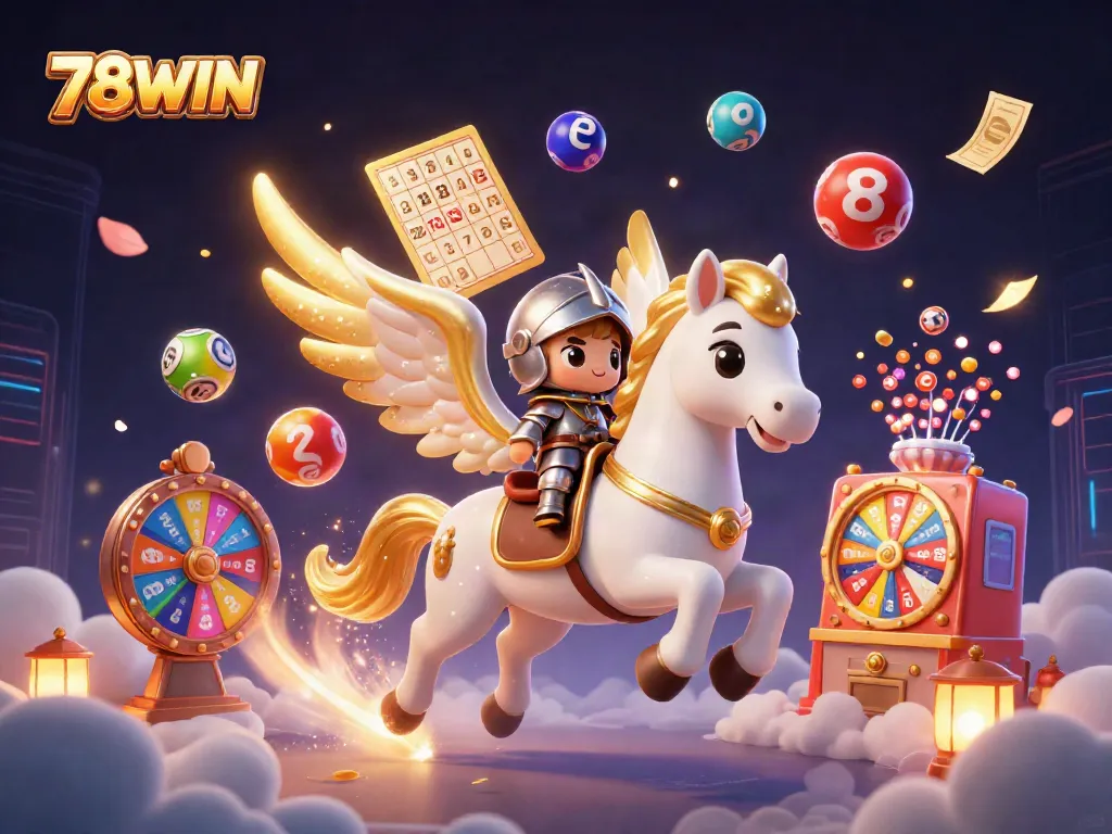 Experience excitement with 78WIN's dynamic lottery and gaming elements in a vibrant casino scene.