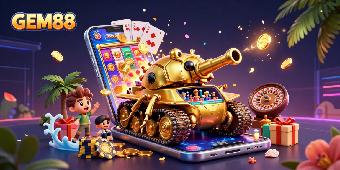 Experience GEM88's vibrant gaming world with a 3D illustration showcasing dynamic casino elements.