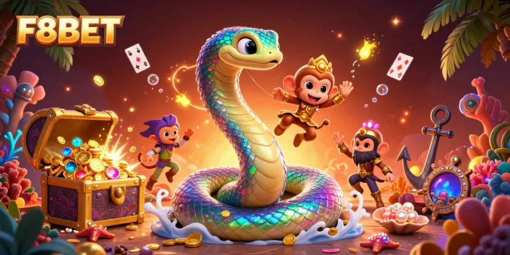 Bet confidently with F8BET in a vibrant 3D casino scene filled with treasures and playful characters.
