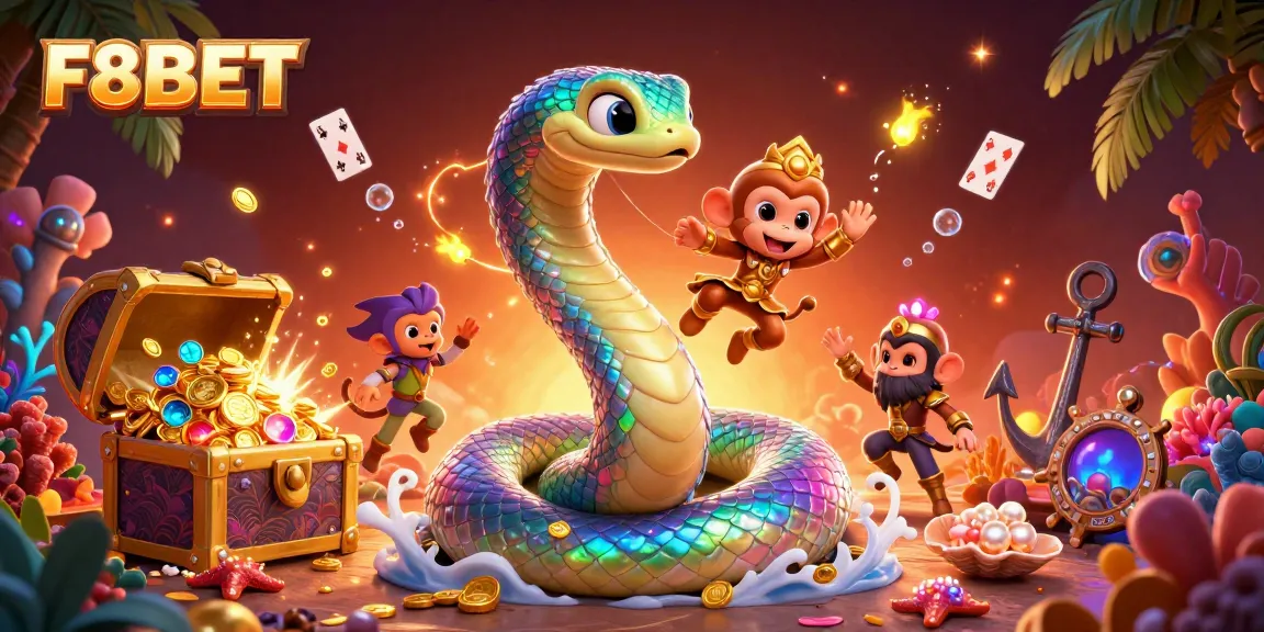 Bet confidently with F8BET in a vibrant 3D casino scene filled with treasures and playful characters.