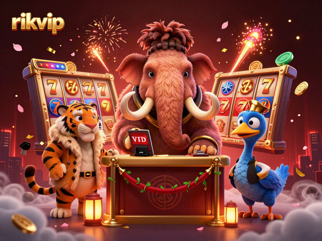 Engage with the vibrant atmosphere of rikvip's online casino featuring a dynamic scene of whimsical characters and gaming elements.