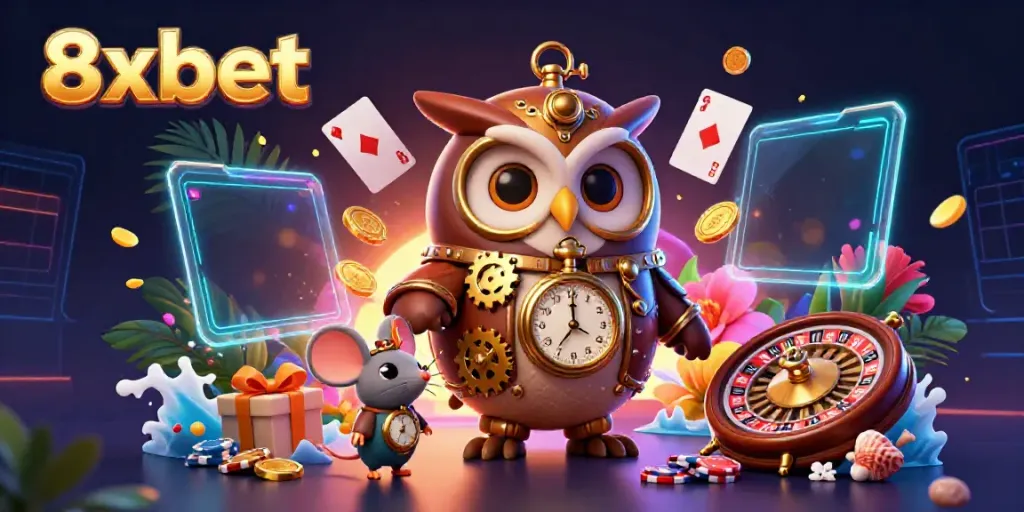 Spin the reels with 8xbet as a time-traveling owl navigates a steampunk casino universe.