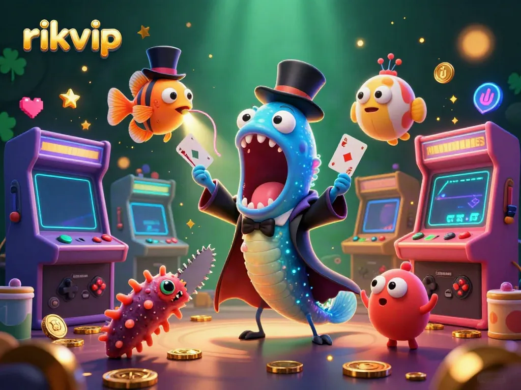 rikvip features a deep-sea gulper eel performing a magic act in a vibrant casino scene