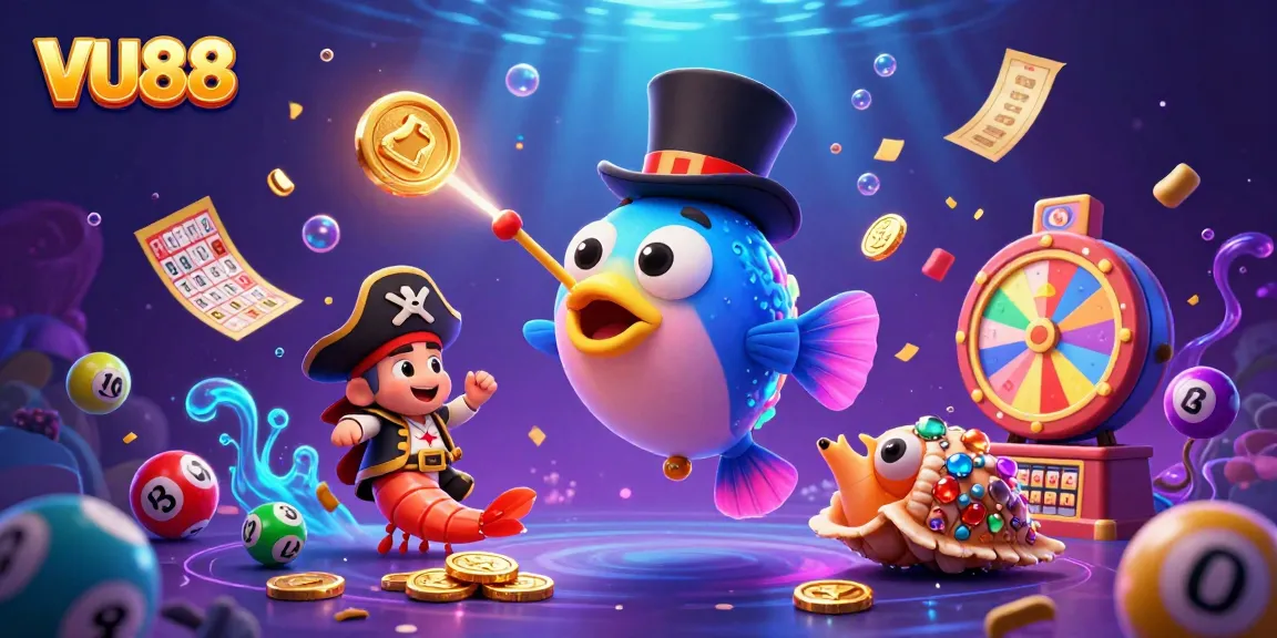 Experience VU88's vibrant animated world with anglerfish, coins, and dynamic lottery elements.
