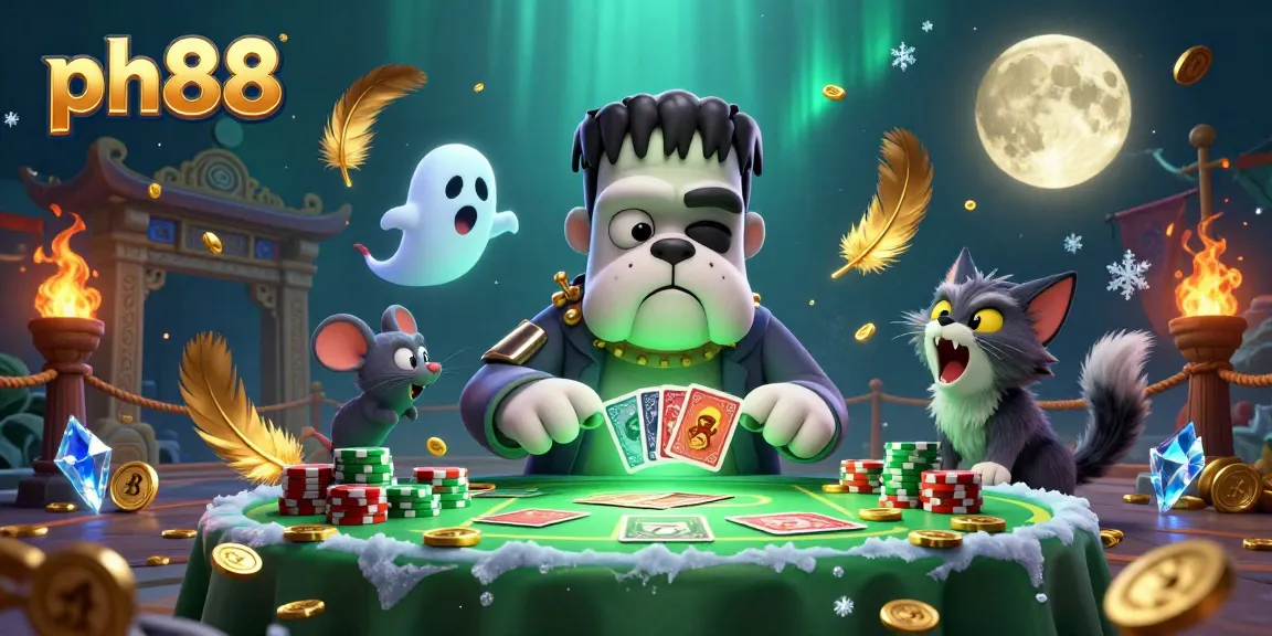 Engage with thrilling games at ph88 as a Frankenstein bulldog dealer captivates players amidst a rich casino scene.