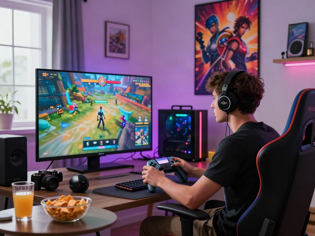 Engaging gaming environment featuring a porngame console and accessories in a vibrant living room.