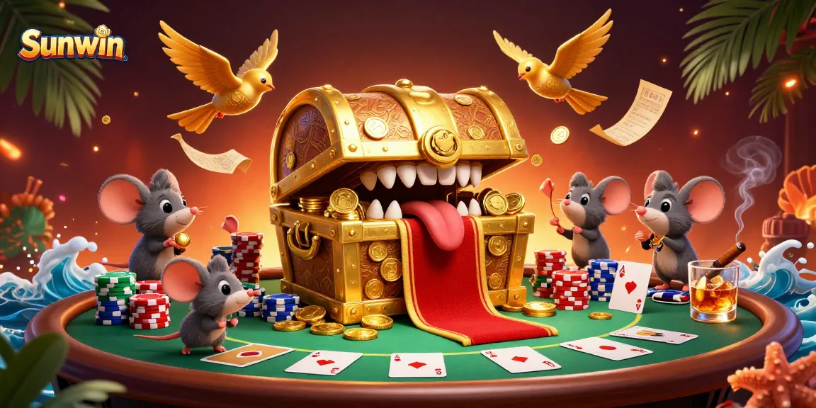 Experience thrilling winnings at Sunwin with a captivating treasure chest and poker elements.