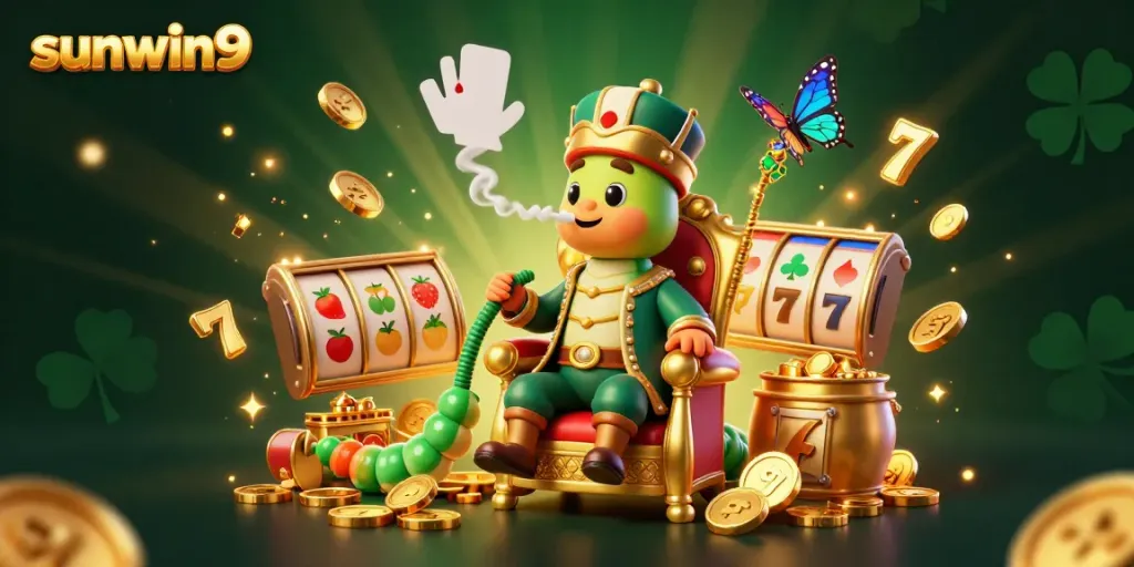 Experience the thrilling charm of sunwin9 with vibrant characters and dynamic game elements in this captivating casino illustration.