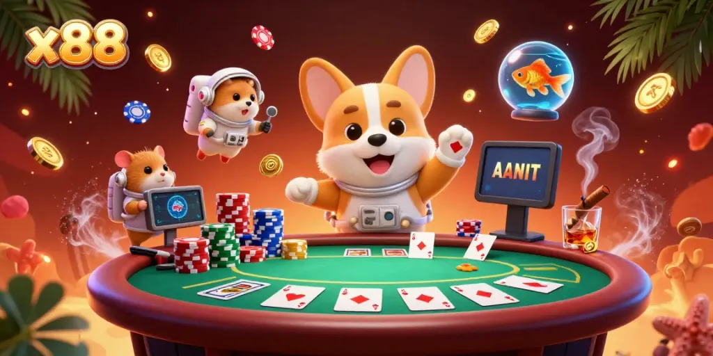 Experience exhilarating gaming with x88's floating casino scene featuring a corgi and vibrant action.