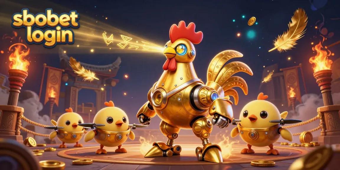 Experience sbobet login with a dynamic scene featuring a golden rooster robot and baby chick drones in a thrilling betting atmosphere.