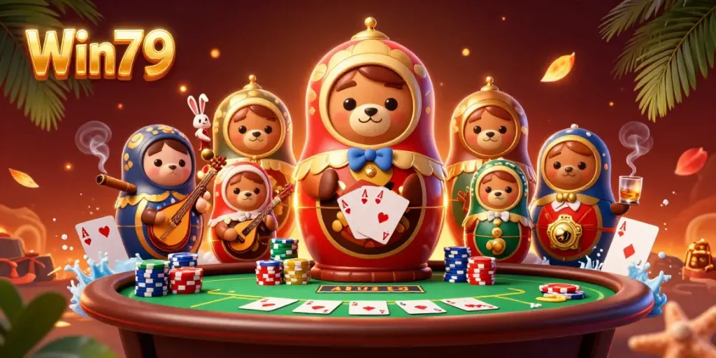Win79 showcases an exciting casino experience with vibrant characters and poker elements.
