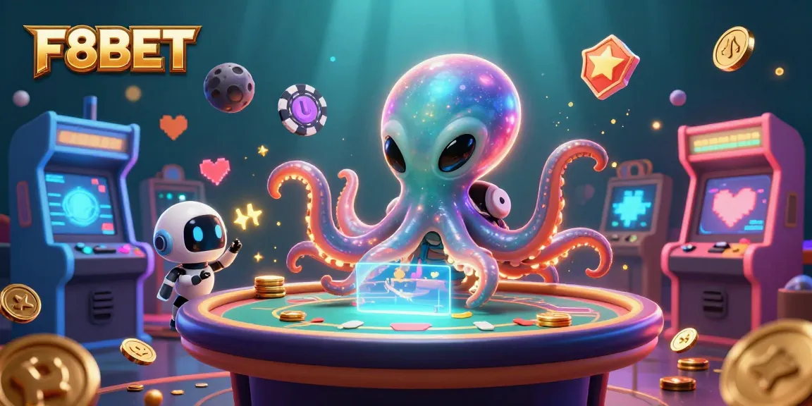 Experience F8BET with an alien octopus dealer and holographic poker action amid vibrant casino elements.