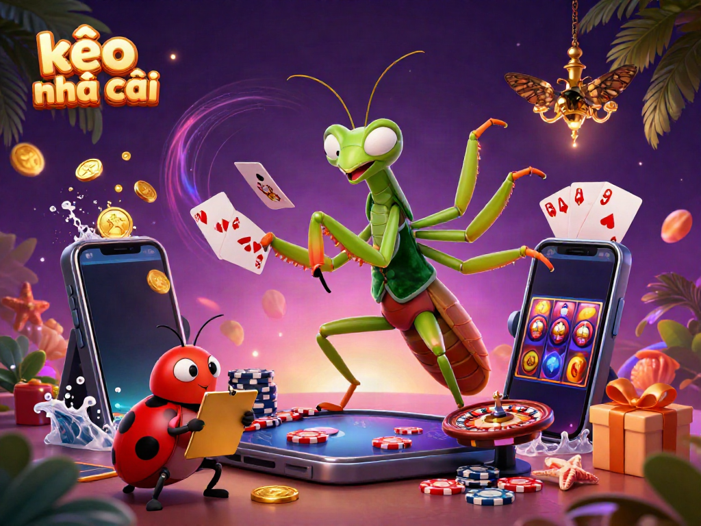 Experience kèo nhà cái with vibrant characters engaged in a lively card game scene, showcasing dynamic casino elements.