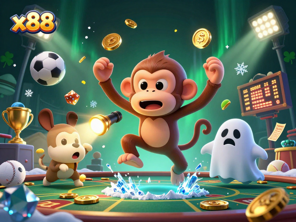 Place bets with x88 in a vibrant haunted casino scene with playful characters.