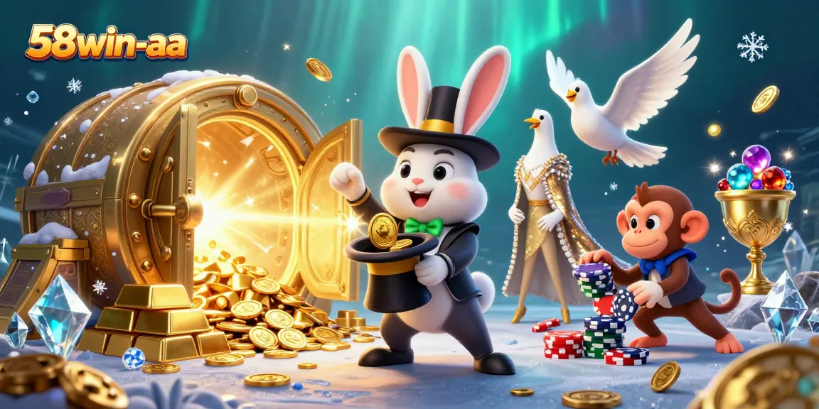 Engage with thrilling wins at 58win-aa, as a magician rabbit conjures golden coins amid sparkling treasures