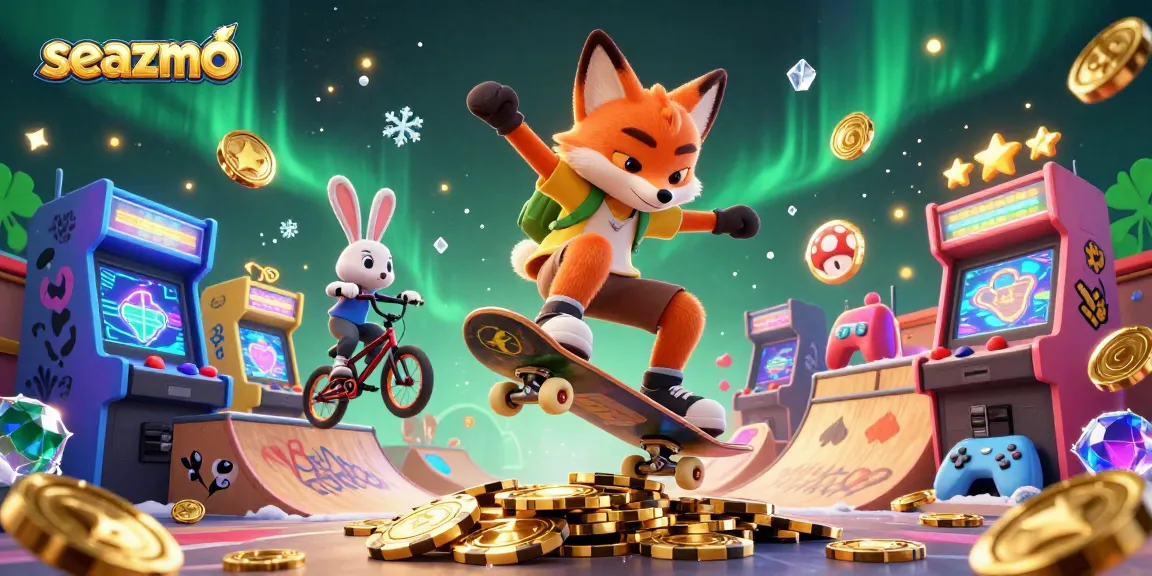 Experience the thrill of seazmo with a skateboarder fox and BMX rabbit in a vibrant casino scene.