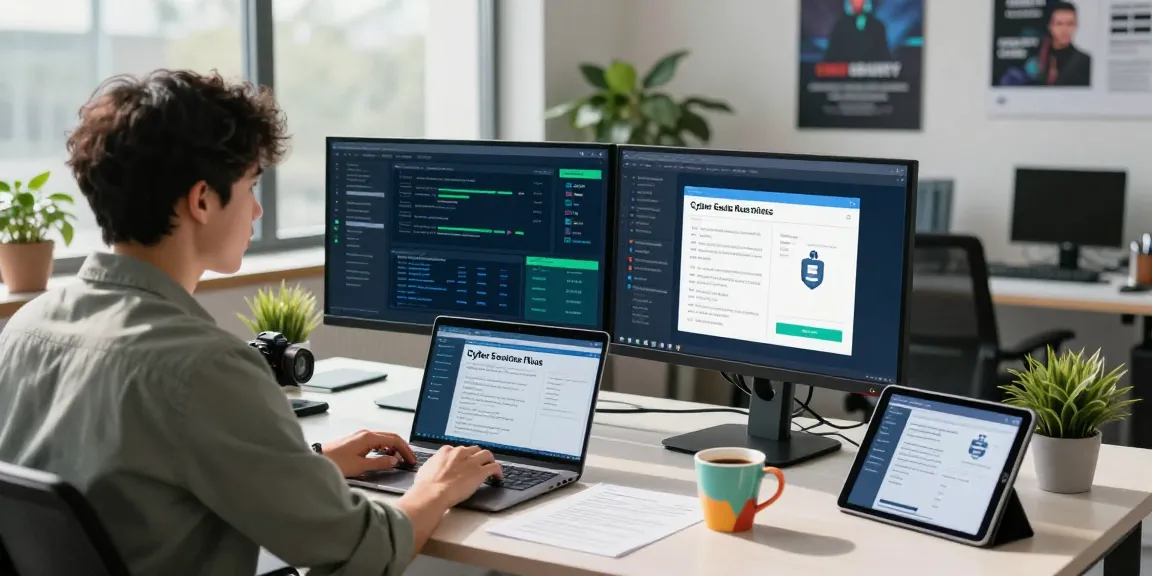 Cyber Essentials Plus compliance at a modern cybersecurity workspace with dual monitors and certification documents