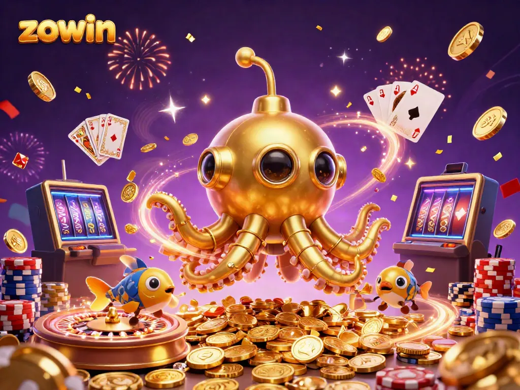Experience the thrill of gaming with Zowin's golden kraken submarine amidst cascading coins and lively casino elements.