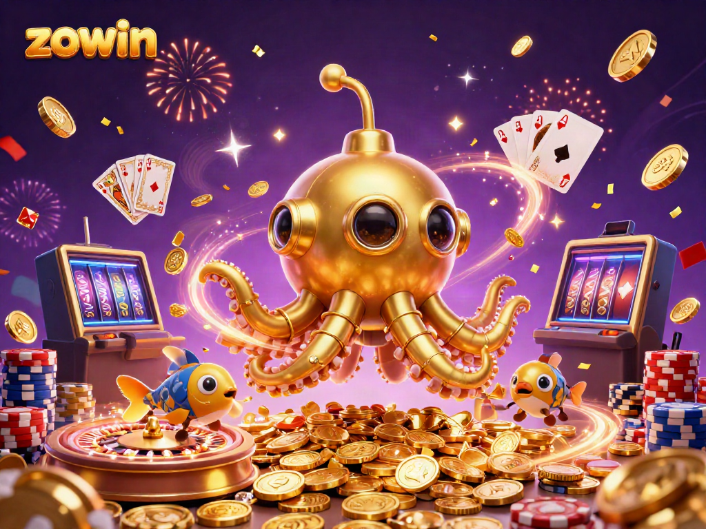 Experience the thrill of gaming with Zowin's golden kraken submarine amidst cascading coins and lively casino elements.