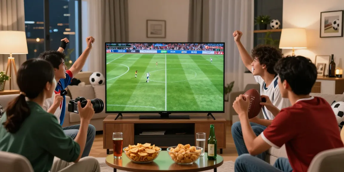 Xoilactv viewers enjoying a football match at home, celebrating in a lively atmosphere.
