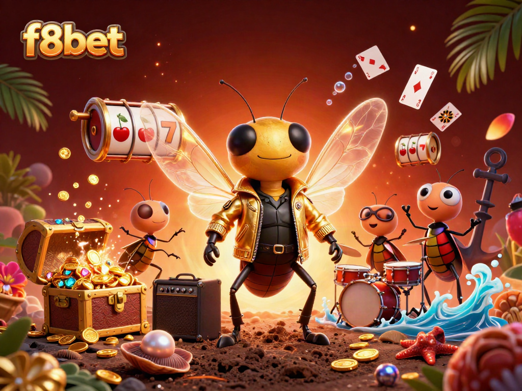 Engage with f8bet's vibrant casino adventure showcasing a cicada rock star and colorful gaming elements.