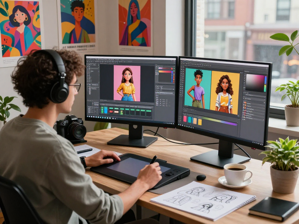Creative professional using NSFW AI tools in a vibrant digital studio, showcasing design processes and concepts.