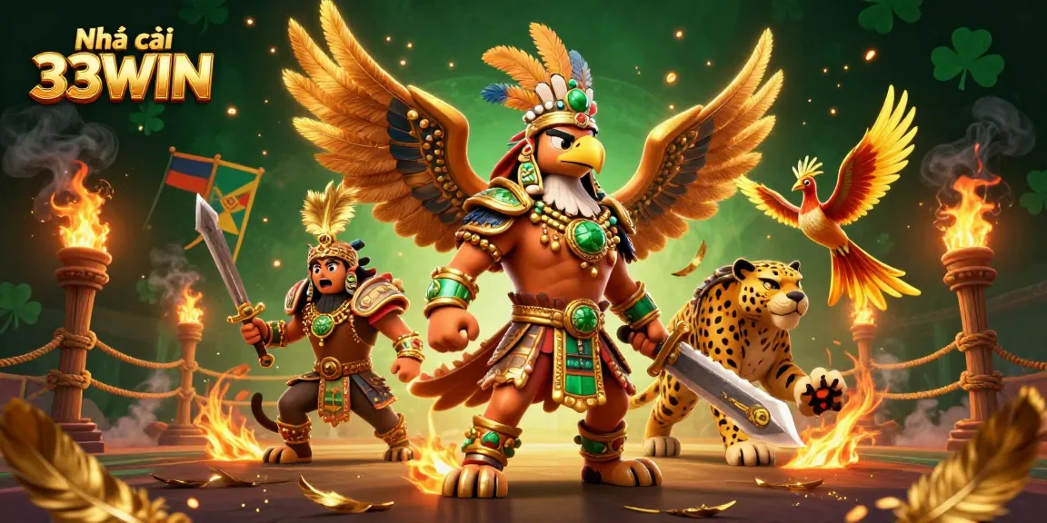 Dynamic illustration of Nhà cái 33WIN showcasing an Aztec warrior eagle and jaguar amidst thrilling live casino elements.