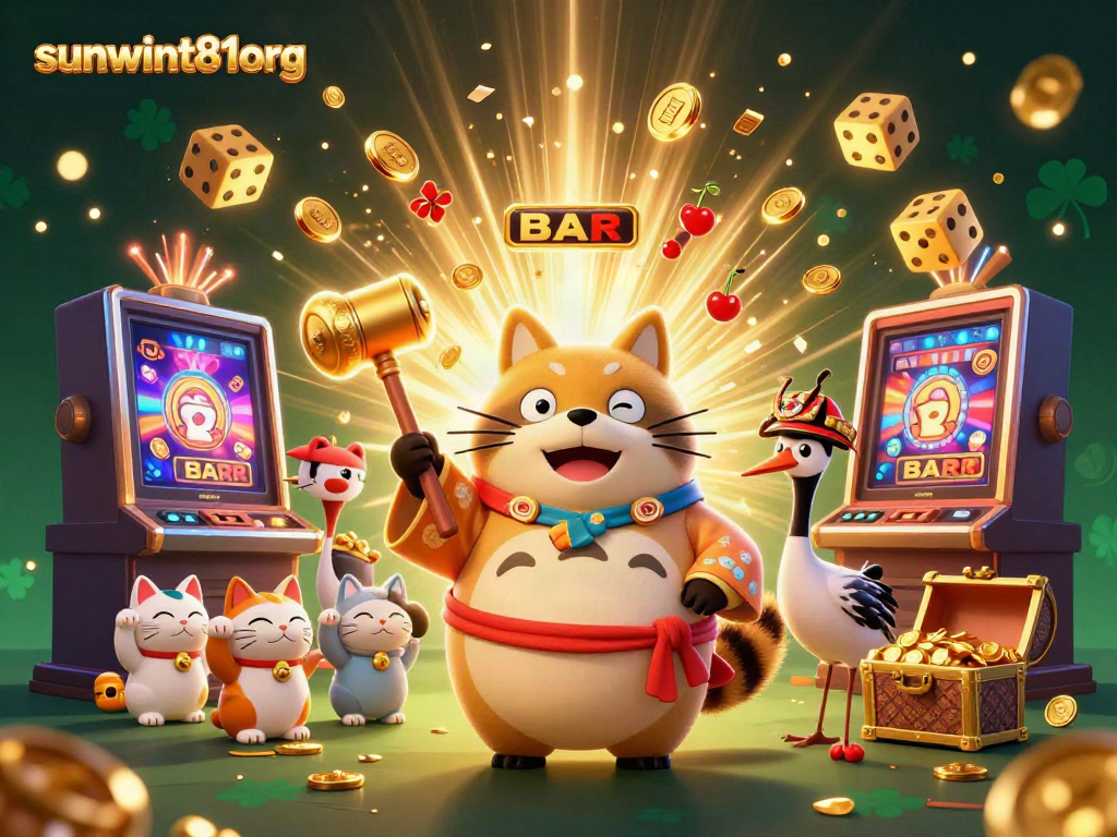 Catch big wins with sunwint81org's vibrant 3D casino illustration showcasing a lucky tanuki and more!