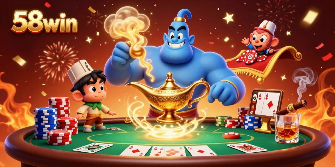 Experience thrilling gameplay with 58win's vibrant 3D casino scene featuring poker chips and a blue genie.