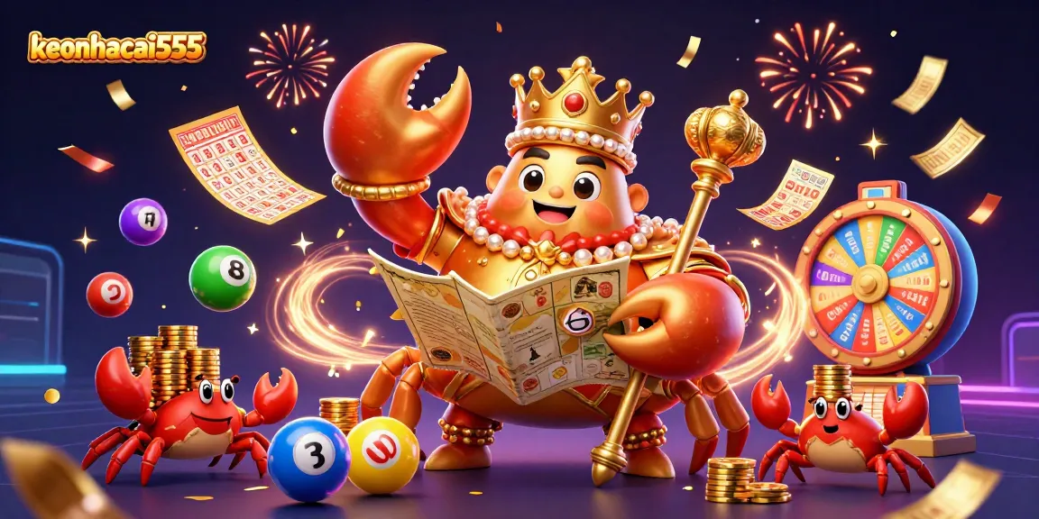 Experience the excitement of keonhacai555 with a vibrant lottery scene featuring a golden crab emperor.