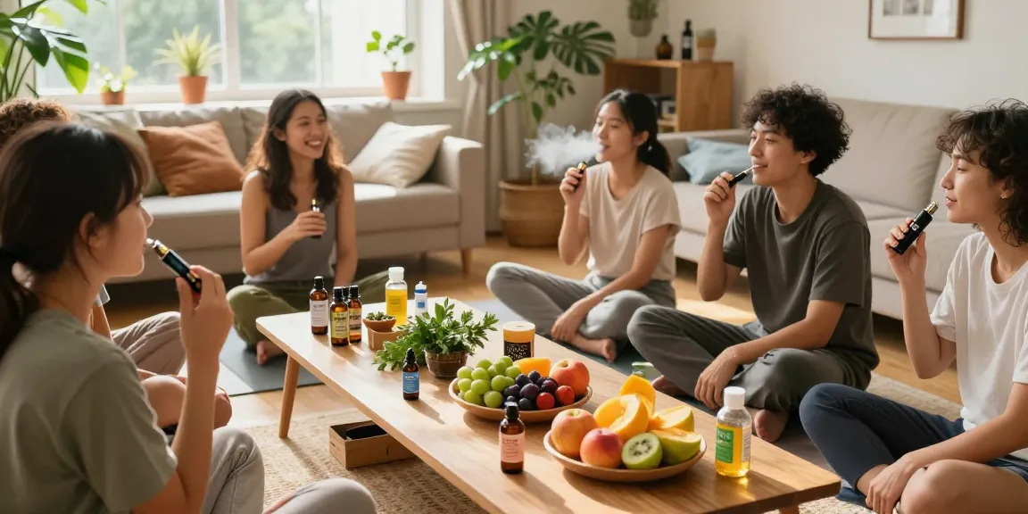 Enjoying strong THC vapes UK during a cozy wellness gathering, showcasing quality THC products, vibrant fruit platters, and a relaxed atmosphere.