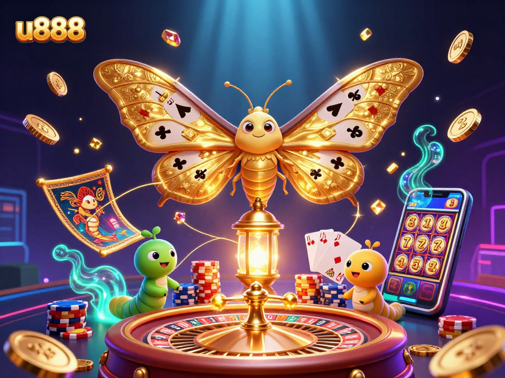Wager exciting games at u888, featuring a vibrant 3D illustration of casino themes with golden elements.