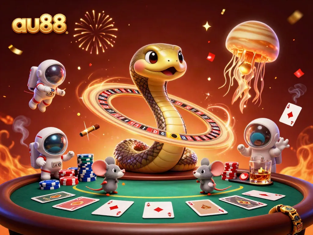 Play exciting games at au88 with vibrant visuals of a cosmic-themed casino scene featuring playful elements.