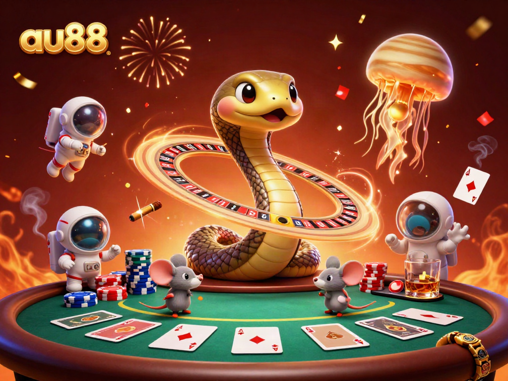 Play exciting games at au88 with vibrant visuals of a cosmic-themed casino scene featuring playful elements.