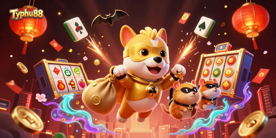 Experience thrilling gameplay with Typhu88 as cartoon characters soar, surrounded by vibrant casino elements.