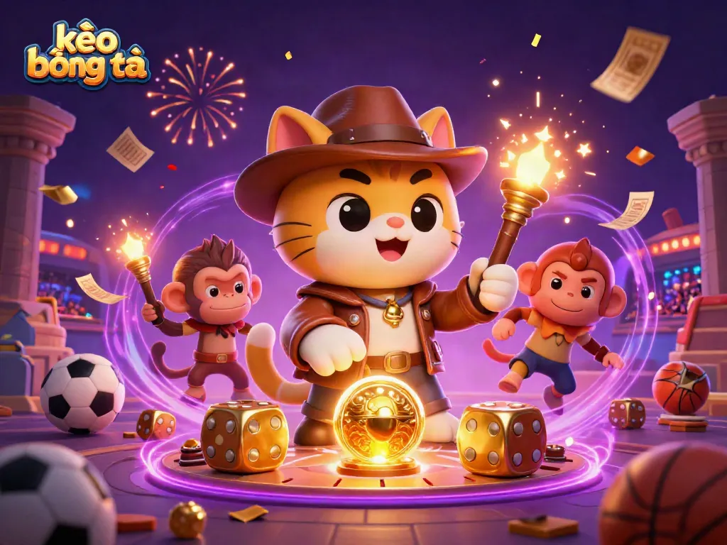 Engage with kèo bóng đá through this fun cartoon scene showcasing betting excitement with a cat archaeologist.