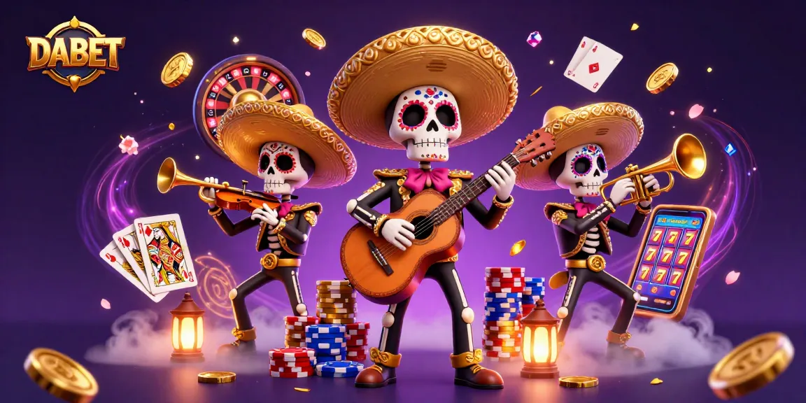 DABET offers thrilling casino experiences with dynamic character illustrations amidst flying coins and game elements.