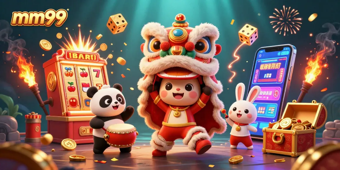 Experience the excitement at mm99 with a vibrant scene of casino games, characters, and jackpots!