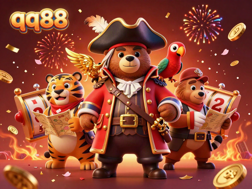Experience the thrill of qq88 casino with a vibrant 3D scene featuring a pirate bear and a tiger celebrating while playing slots.