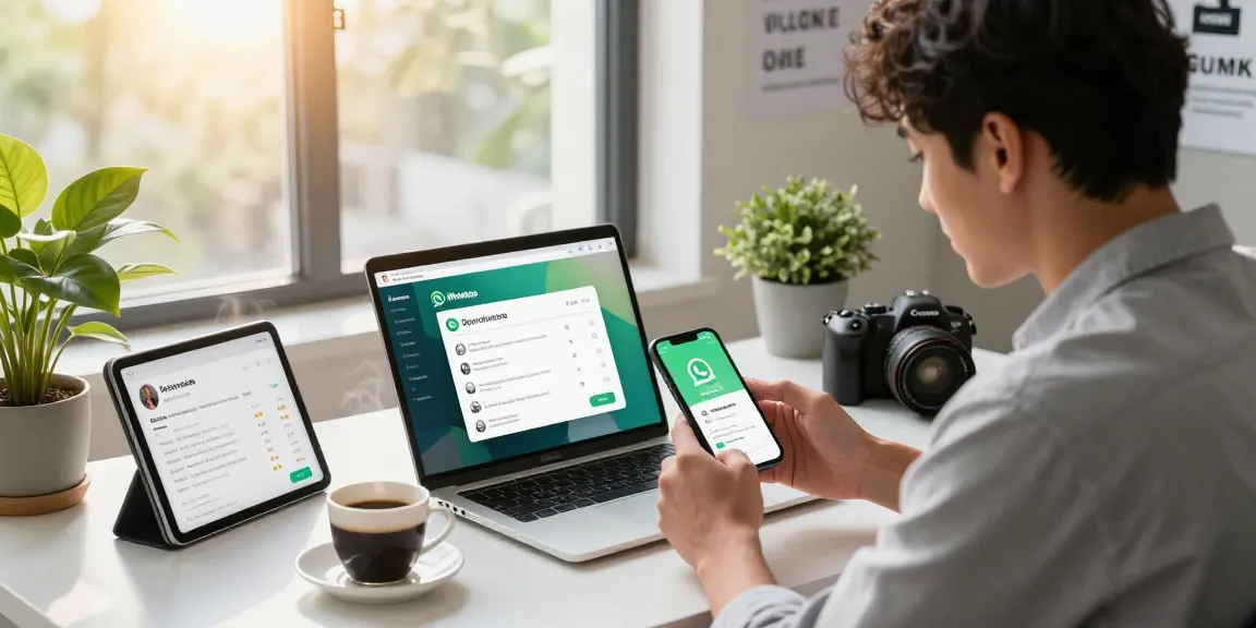 WhatsApp下載 on smartphone at a modern workspace with vibrant tech elements.