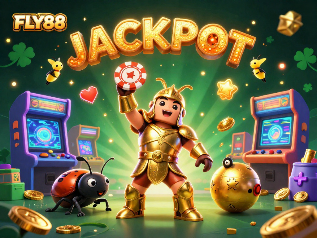 FLY88 brings excitement as a heroic beetle lifts a poker chip in a vibrant casino scene.
