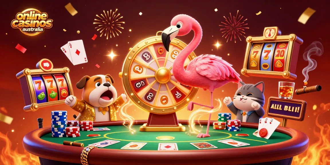 Experience thrilling moments at online casinos Australia with game show-inspired characters spinning a prize wheel.