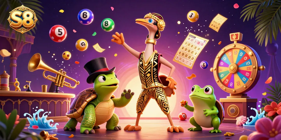 Play S8 in a vibrant casino scene filled with dynamic lottery elements and colorful characters.