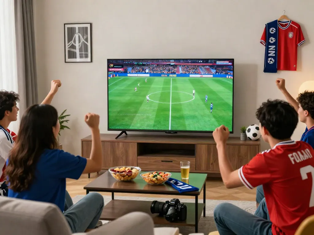 Friends watching Gavangtv live football match in a vibrant living room.