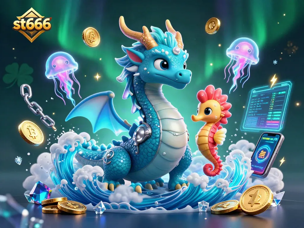 Engage in thrilling st666 casino action with vibrant 3D illustration of a majestic water dragon and seahorse knight.