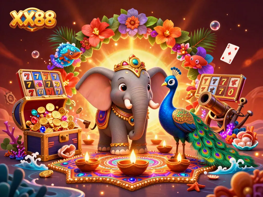 Engage with XX88 and enjoy a vibrant casino scene filled with colorful slot elements and rich details.
